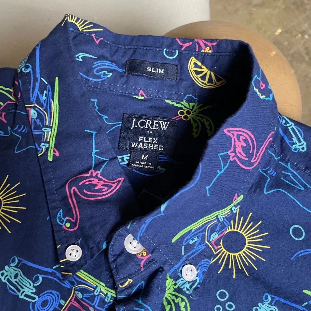 J. Crew Flex Washed Slim Button Down Shirt Neon Shark Print Short‎ Sleeve - M